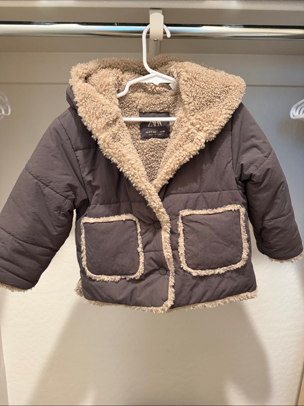 Zara Kids Taupe Quilted Jacket with Cream Sherpa Trim